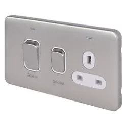 Schneider Electric Lisse Deco 45A 2-Gang DP Cooker Switch & 13A DP Switched Socket Brushed Stainless Steel with LED with White Inserts