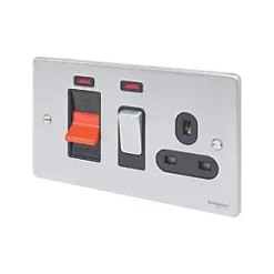 Schneider Electric Ultimate Low Profile 45A 2-Gang DP Cooker Switch & 13A DP Switched Socket Brushed Chrome with Neon with Black Inserts
