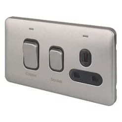 Schneider Electric Lisse Deco 45A 2-Gang DP Cooker Switch & 13A DP Switched Socket Brushed Stainless Steel with LED with Black Inserts