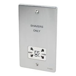 Schneider Electric Ultimate Low Profile 2-Gang Dual Voltage Shaver Socket 115 / 230V Brushed Chrome with White Inserts