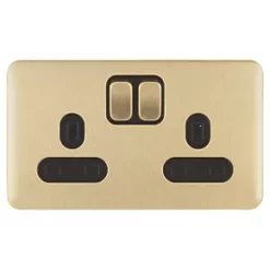 Schneider Electric Lisse Deco 13A 2-Gang SP Switched Plug Socket Satin Brass with Black Inserts -Sockets Sales Store 198FF A1
