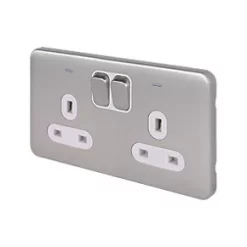 Schneider Electric Lisse Deco 13A 2-Gang DP Switched Plug Socket Brushed Stainless Steel with White Inserts