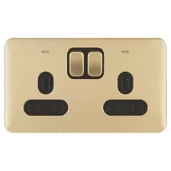 Schneider Electric Lisse Deco 13A 2-Gang DP Switched Plug Socket Satin Brass with LED with Black Inserts -Sockets Sales Store 212FF A1