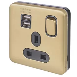 Schneider Electric Lisse Deco 13A 1-Gang SP Switched Socket + 2.1A 2-Outlet Type A USB Charger Satin Brass with Black Inserts