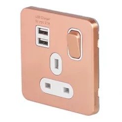 Schneider Electric Lisse Deco 13A 1-Gang SP Switched Socket + 2.1A 2-Outlet Type A USB Charger Copper with White Inserts
