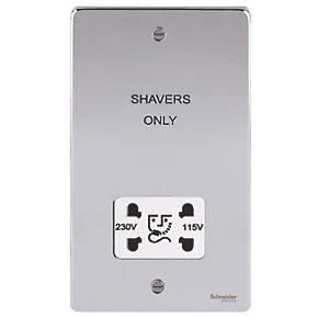 Schneider Electric Ultimate Low Profile 2-Gang Dual Voltage Shaver Socket 115 / 230V Polished Chrome with White Inserts 4 Schneider Electric Ultimate Low Profile 2-Gang Dual Voltage Shaver Socket 115 / 230V Polished Chrome with White Inserts - Image 2