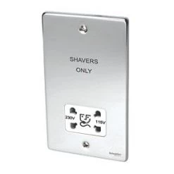 Schneider Electric Ultimate Low Profile 2-Gang Dual Voltage Shaver Socket 115 / 230V Polished Chrome with White Inserts