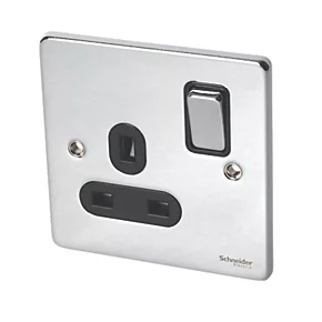 Schneider Electric Ultimate Low Profile 13A 1-Gang SP Switched Plug Socket Polished Chrome with Black Inserts 3 Schneider Electric Ultimate Low Profile 13A 1-Gang SP Switched Plug Socket Polished Chrome with Black Inserts