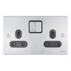 Schneider Electric Ultimate Low Profile 13A 2-Gang SP Switched Plug Socket Brushed Chrome with Black Inserts -Sockets Sales Store 4276J A1