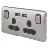 Schneider Electric Lisse Deco 13A 2-Gang SP Switched Socket + 2.1A 2-Outlet Type A USB Charger Brushed Stainless Steel with Black Inserts -Sockets Sales Store 440CC P