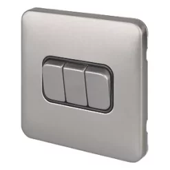 Schneider Electric Lisse Deco 10AX 3-Gang 2-Way Light Switch Brushed Stainless Steel with Black Inserts