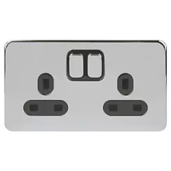Schneider Electric Lisse Deco 13A 2-Gang SP Switched Plug Socket Polished Chrome with Black Inserts -Sockets Sales Store 488FF A1