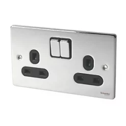 Schneider Electric Ultimate Low Profile 13A 2-Gang SP Switched Plug Socket Polished Chrome with Black Inserts