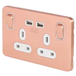 Schneider Electric Lisse Deco 13A 2-Gang SP Switched Socket + 2.1A 2-Outlet Type A USB Charger Copper with White Inserts