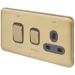 Schneider Electric Lisse Deco 45A 2-Gang DP Cooker Switch & 13A DP Switched Socket Satin Brass with LED with Black Inserts