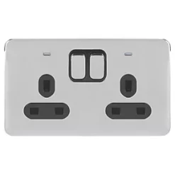 Schneider Electric Lisse Deco 13A 2-Gang DP Switched Plug Socket Polished Chrome with LED with Black Inserts -Sockets Sales Store 563FF A1