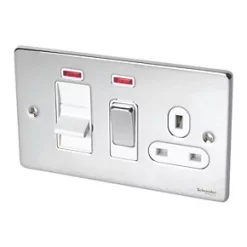 Schneider Electric Ultimate Low Profile 45A 2-Gang DP Cooker Switch & 13A DP Switched Socket Polished Chrome with Neon with White Inserts