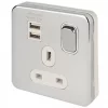 Schneider Electric Lisse Deco 13A 1-Gang SP Switched Socket + 2.1A 2-Outlet Type A USB Charger Polished Chrome with White Inserts -Sockets Sales Store 576FF P