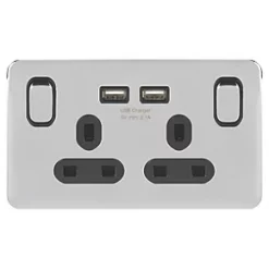 Schneider Electric Lisse Deco 13A 2-Gang SP Switched Socket + 2.1A 2-Outlet Type A USB Charger Polished Chrome with Black Inserts -Sockets Sales Store 586FF A1