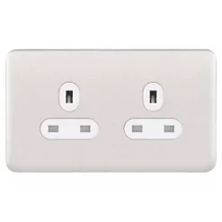 Schneider Electric Lisse Deco 13A 2-Gang Unswitched Plug Socket Brushed Stainless Steel with White Inserts -Sockets Sales Store 607FF A1