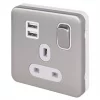Schneider Electric Lisse Deco 13A 1-Gang SP Switched Socket + 2.1A 2-Outlet Type A USB Charger Brushed Stainless Steel with White Inserts -Sockets Sales Store 624FF P