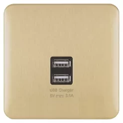 Schneider Electric Lisse Deco 3.1A 2-Outlet Type A USB Socket Satin Brass with Black Inserts -Sockets Sales Store 720FF A1