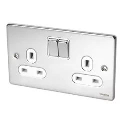 Schneider Electric Ultimate Low Profile 13A 2-Gang SP Switched Plug Socket Polished Chrome with White Inserts