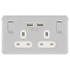 Schneider Electric Lisse Deco 13A 2-Gang SP Switched Socket + 2.1A 2-Outlet Type A USB Charger Polished Chrome with White Inserts -Sockets Sales Store 784FF A1
