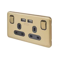 Schneider Electric Lisse Deco 13A 2-Gang SP Switched Socket + 2.1A 2-Outlet Type A USB Charger Satin Brass with Black Inserts