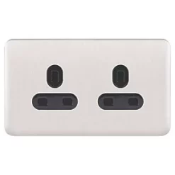 Schneider Electric Lisse Deco 13A 2-Gang Unswitched Plug Socket Brushed Stainless Steel with Black Inserts -Sockets Sales Store 840FF A1