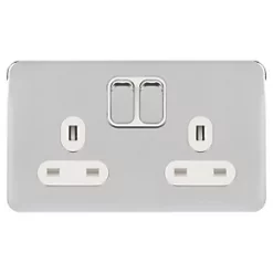Schneider Electric Lisse Deco 13A 2-Gang SP Switched Plug Socket Polished Chrome with White Inserts -Sockets Sales Store 842FF A1