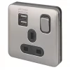 Schneider Electric Lisse Deco 13A 1-Gang SP Switched Socket + 2.1A 2-Outlet Type A USB Charger Brushed Stainless Steel with Black Inserts 1 Schneider Electric Lisse Deco 13A 1-Gang SP Switched Socket + 2.1A 2-Outlet Type A USB Charger Brushed Stainless Steel with Black Inserts -Sockets Sales Store 882CC P
