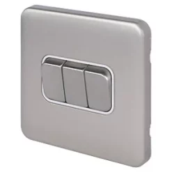 Schneider Electric Lisse Deco 10AX 3-Gang 2-Way Light Switch Brushed Stainless Steel with White Inserts