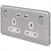 Schneider Electric Lisse Deco 13A 2-Gang SP Switched Socket + 2.1A 2-Outlet Type A USB Charger Brushed Stainless Steel with White Inserts -Sockets Sales Store 969FF P