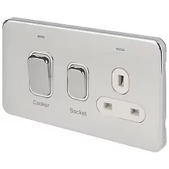 Schneider Electric Lisse Deco 45A 2-Gang DP Cooker Switch & 13A DP Switched Socket Polished Chrome with LED with White Inserts